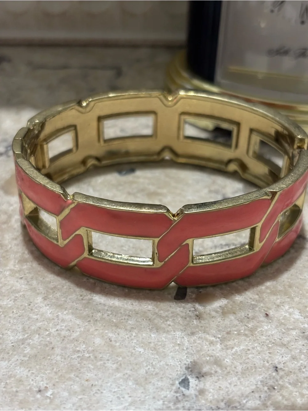 Vintage Gold-Tone Coral Enamel Geometric Link Hinged Bangle Bracelet